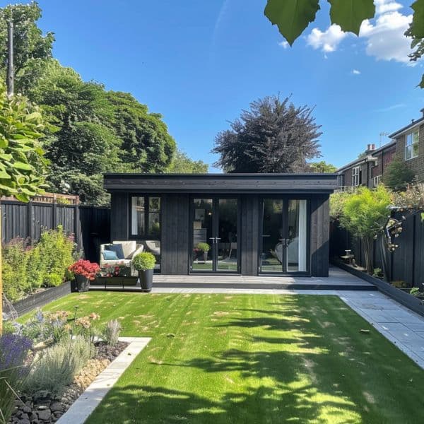 Black-clad garden room in Bedfordshire with grey bifold doors, a neat lawn and patio furniture on the terrace