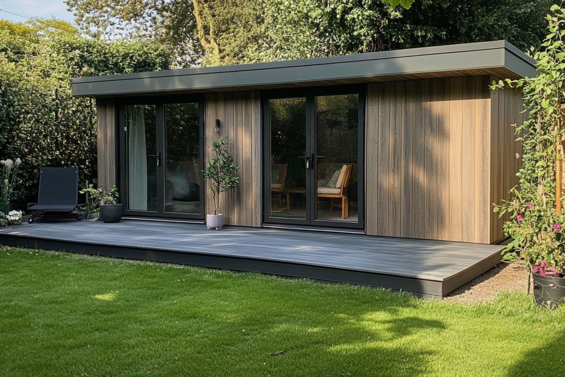 Cedar-clad garden room in Bedfordshire with grey composite decking and rattan seating in a leafy garden
