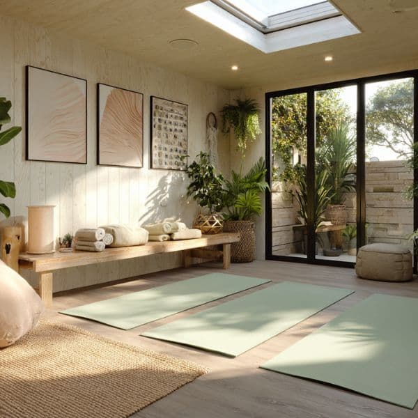 Garden yoga studio interior in Bedfordshire with mats on the floor, a skylight and plants beside sliding doors